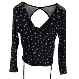 The General Good Top‎ Black Floral Mesh Ruched Whimsigoth Boho Crop Small